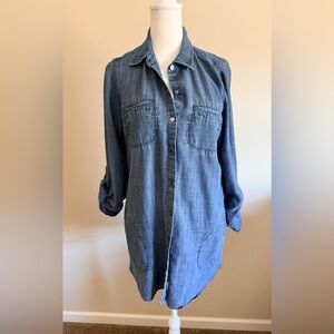 J. Jill Blue Chambray denim cotton long roll sleeve tunic/dress sz s